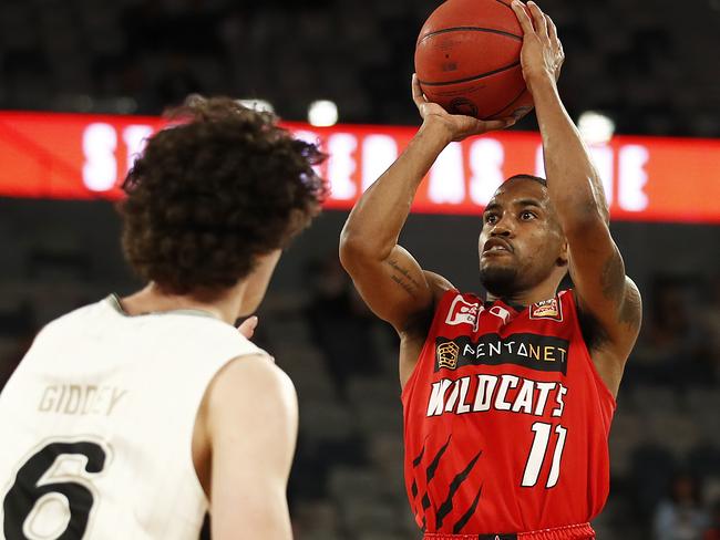 MELBOURNE, AUSTRALIA - MARCH 14: Bryce Cotton of the Wildcats shoots during the NBL Cup match between the Perth Wildcats and the Adelaide 36ers at John Cain Arena on March 14, 2021, in Melbourne, Australia. (Photo by Daniel Pockett/Getty Images)