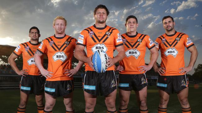 Easts Tigers Cody Walker, Dane Hogan, Steve Thorpe, Shane Neumann and Matt Zgrajewski in the lead up to the 2013 grand finals. Picture: Darren England.