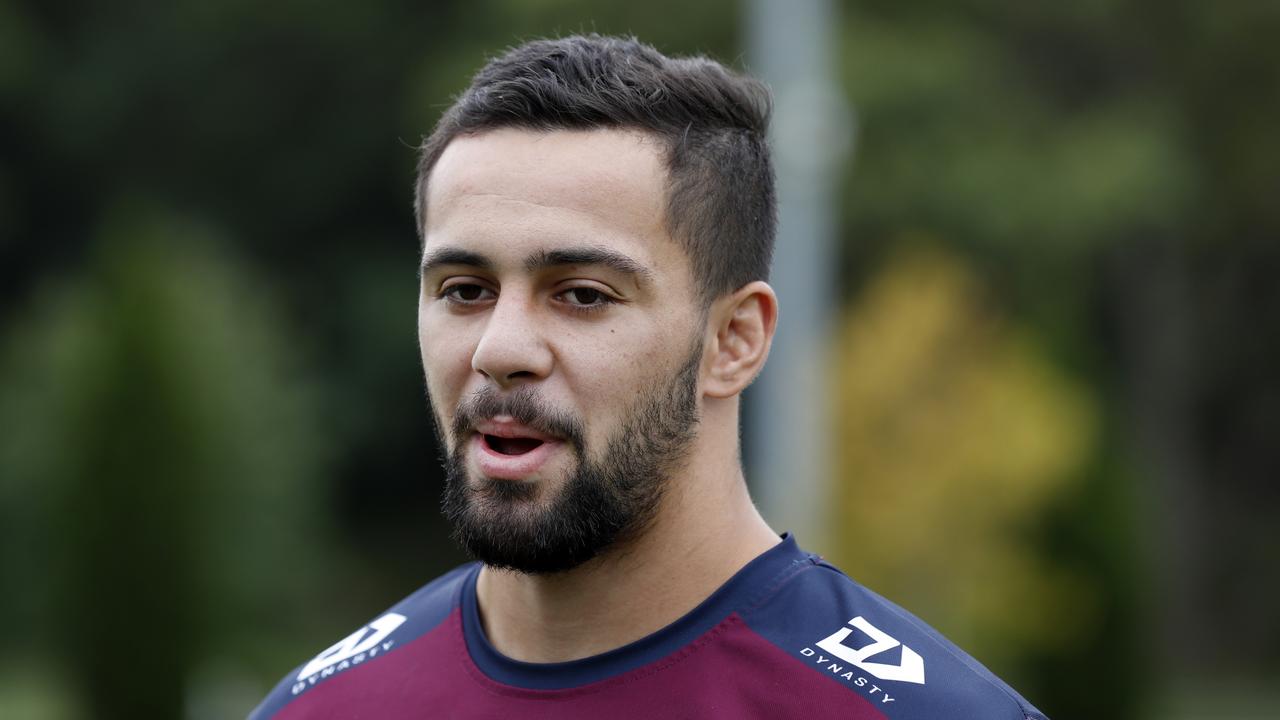 Manly Warringah Sea Eagles player Josh Aloiai speaking to the media during a training session at the Sydney Academy of Sport and Recreation in North Narrabeen. Picture: Jonathan Ng