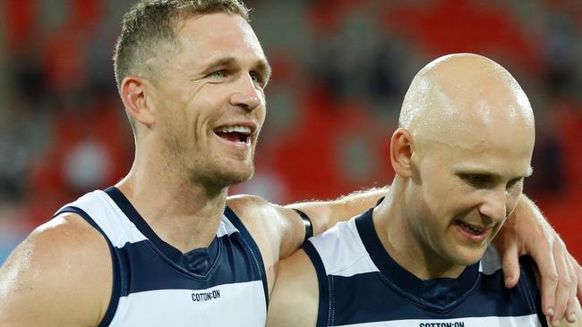 Joel and Gaz: A couple of handy ins for the Cats. Picture: AFL Photos/Getty Images