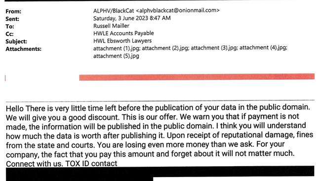 An email showing the ransom demand sent to law firm HWL Ebsworth. Source: Supreme Court of NSW