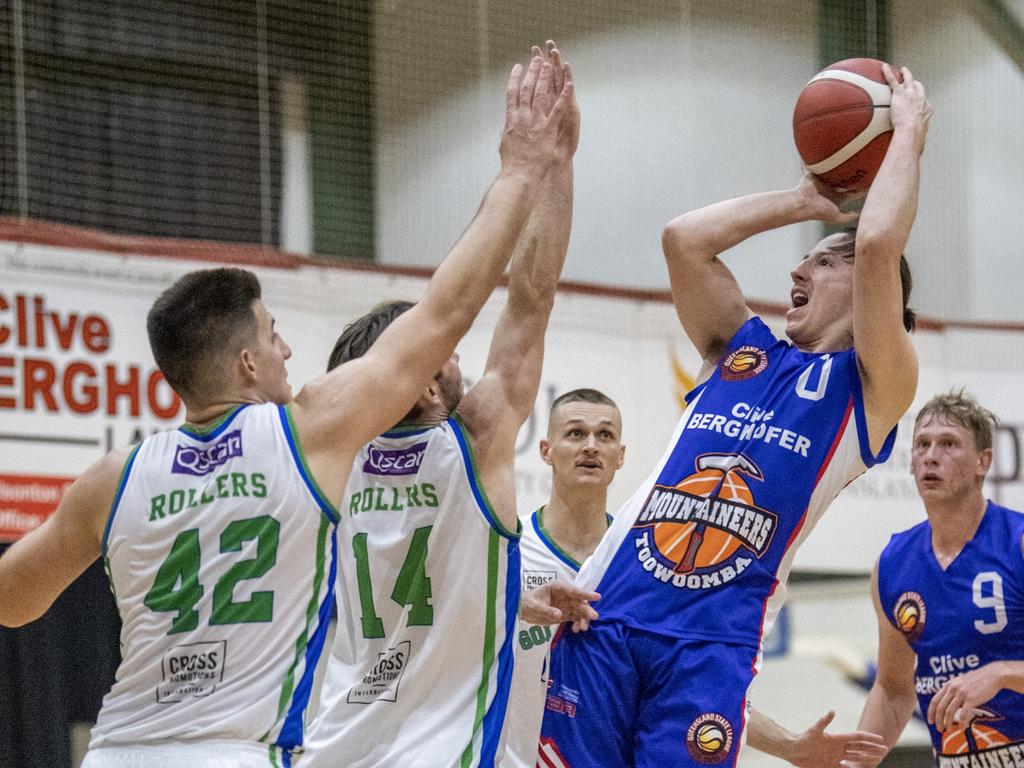 Joshua Allen, Mountaineers. QSL basketball mens, Mountaineers vs Gold Coast Rollers. Friday, June 18, 2021. Picture: Nev Madsen.