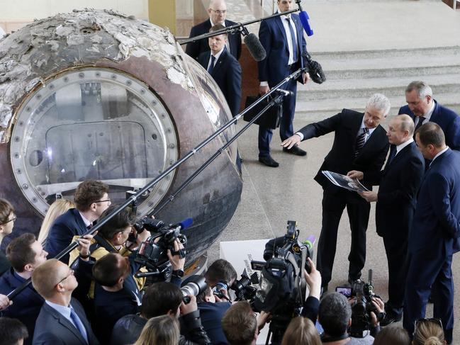 Russian President Vladimir Putin visits the Space pavilion in Moscow. Picture: AFP