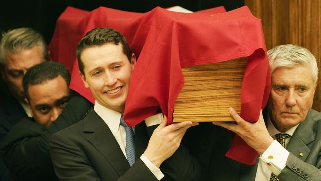 Tom Waterhouse and his father, Robert, carry Bill Waterhouse’s coffin during the funeral on Thursday. Picture: AAP Image/Mark Evans