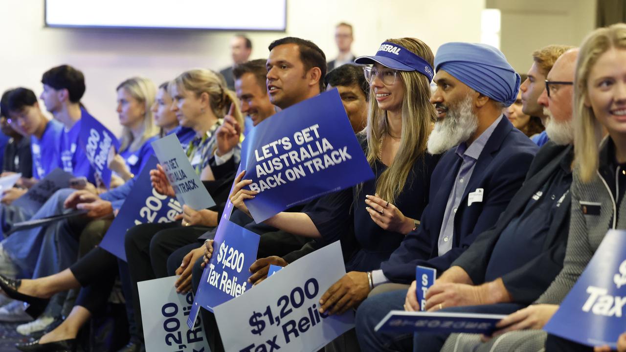 NCA 2025 FEDERAL ELECTION LIBERAL BUS. 27/04/2025 Pictured is are crowd members gathered ahead of Opposition Leader Peter DuttonÃ•s appearance at a Liberal Party rally at Melton Entertainment Park at Melton in the electorate of Hawke outside Melbourne in Victoria. Picture: Richard Dobson / Newswire