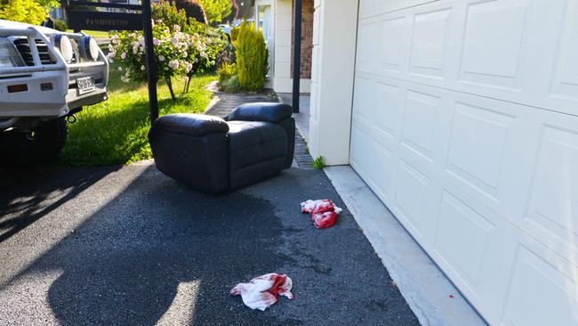 Bloodied towels at the scene of the shooting in Littlehampton. Picture: AAP / Brenton Edwards