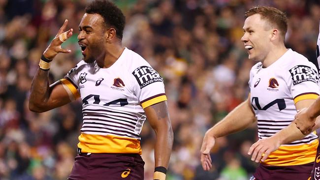 CANBERRA, AUSTRALIA - AUGUST 26: Ezra Mam of the Broncos celebrates scoring a try during the round 26 NRL match between Canberra Raiders and Brisbane Broncos at GIO Stadium on August 26, 2023 in Canberra, Australia. (Photo by Mark Nolan/Getty Images)