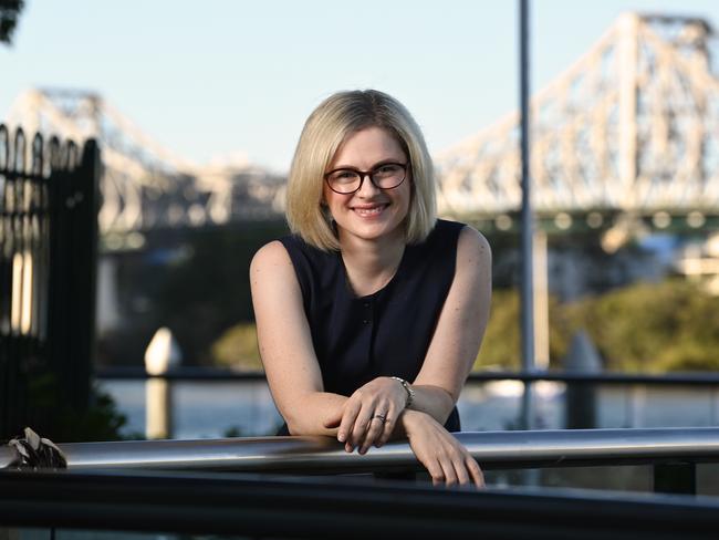 15/04/2021: QLD LNP Senator Amanda Stoker, outside her office, with the Storey Bridge behind, in Brisbane.   Lyndon Mechielsen/The Australian