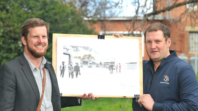 Project architect Thomas Bailey from Room 11 Architects and New Norfolk Distillery Director Justin Derksen on site of the proposed distillery and cellar door at Willow Court in New Norfolk. Picture: FIONA HARDING