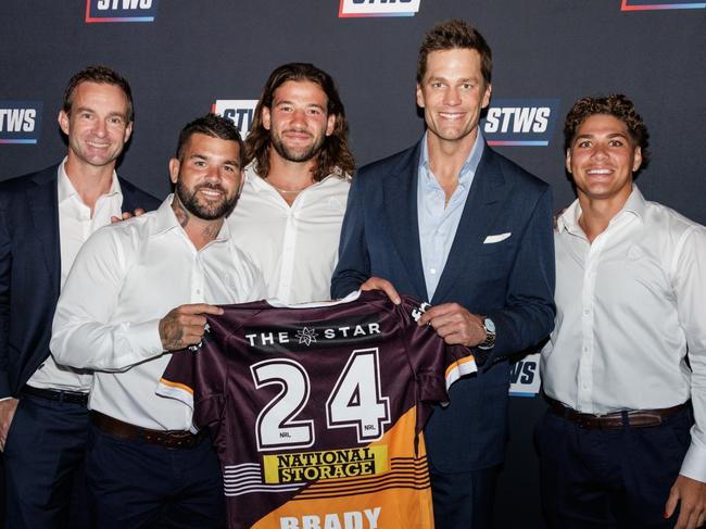 (L-R) Broncos CEO Dave Donaghy, Adam Reynolds, Pat Carrigan, Tom Brady and Reece Walsh. Picture: Joshua Scott/Cwolf Media