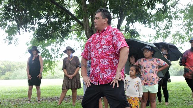 Glenn Wiremu Taiapa with other members of the New Zealand community perform a haka on the Cairns esplanade to farewell his son Tiwanaku Pineamine Taiapa who fell into a septic tank and drowned. Picture: Peter Carruthers