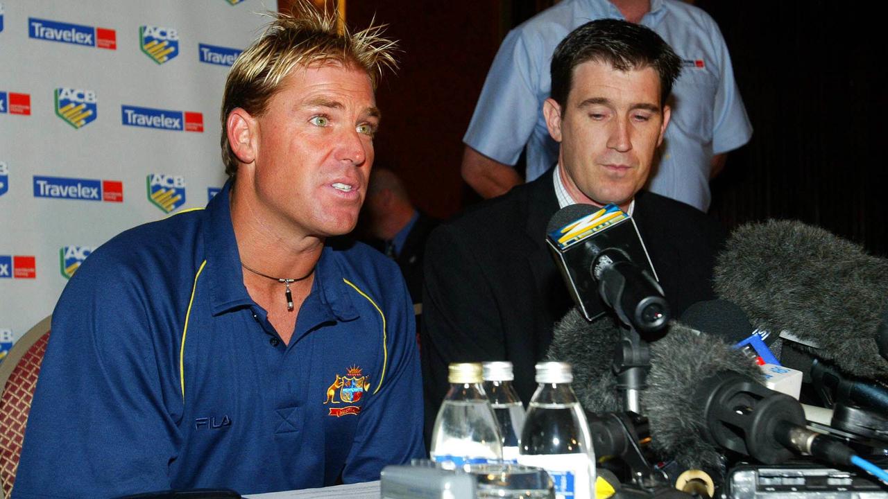 Shane Warne with Cricket Australia boss James Sutherland at a press conference in Johannesburg after Warne tested positive to banned drug substance in February 2003.