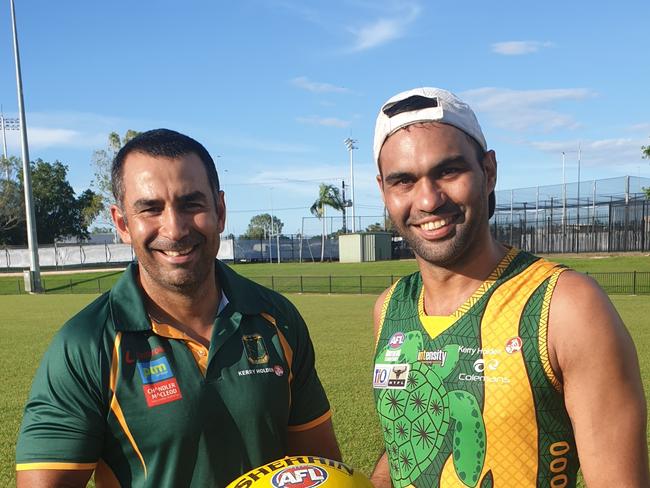 St Mary's coach Anthony Vallejo and joint skipper Raphael Clarke were all smiles at the club's last training session before tonight's 2019-20 decider against Nightcliff. Picture: Grey Morris