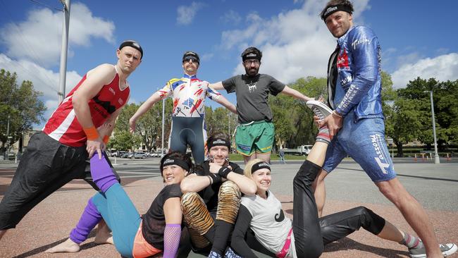 Will Oakley, front from left, Denny Fleming, Tom Windsor, Priscilla Stansfield and Michael Brennan with, back from left, Mat Hunniball and Hugh Burridge kick off their 2016 Movember campaign in style with a group Moyo session in Salamanca. Picture: RICHARD JUPE