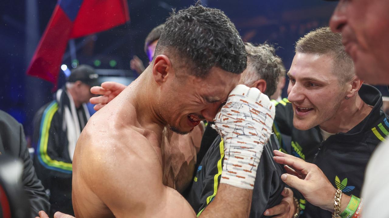 Jai Opetaia celebrates during the IBF cruiserweight title fight on the Gold Coast in 2022. Picture: Getty Images