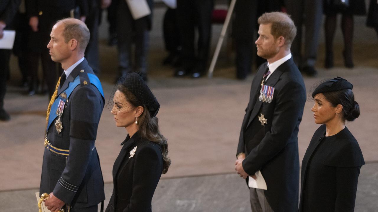 Prince William, Prince of Wales, Catherine, Princess of Wales, Harry, Duke of Sussex and Meghan, Duchess of Sussex arrive as the coffin bearing the body of Her majesty Queen Elizabeth II completes its journey from Buckingham Palace to Westminster Hall. Picture: Getty