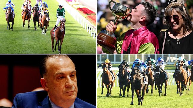 Some of the key moments of 2024 (clockwise from top left): Via Sistina's Cox Plate romp; Jockey Robbie Dolan kisses the Melbourne Cup as Knight's Choice's co-trainer Sheila Laxon looks on; Pride Of Jenni leaves the Queen Elizabeth field in her wake; Racing NSW CEO Peter V'landys fronts an inquiry into the proposal to sell off Rosehill racecourse.