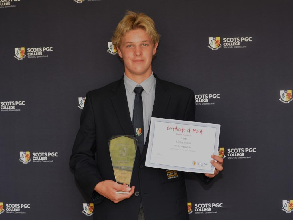 Scots PGC College Arranmore Senior Sportsman of the year recipient Bailey Harm at awards day on November 16, 2023.