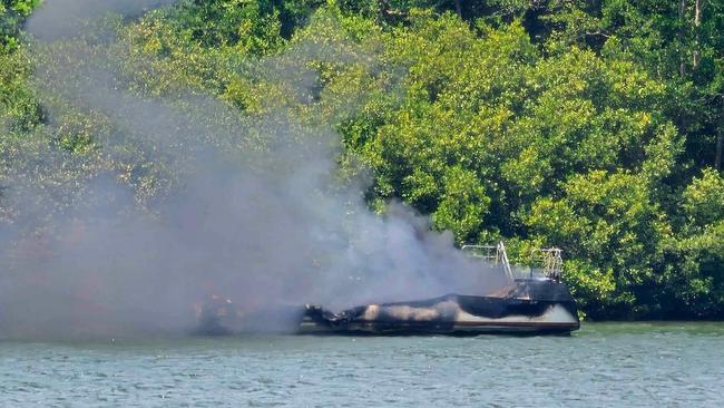 The Yawo caught alight and sank on the Johnstone River. Picture: Supplied