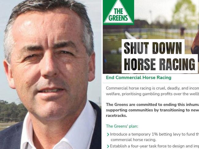 Nationals MP Darren Chester is concerned about the Greens' plan to shut down horse racing, which forms part of their policy platform for the next federal election. Pictures: File, Screengrabs