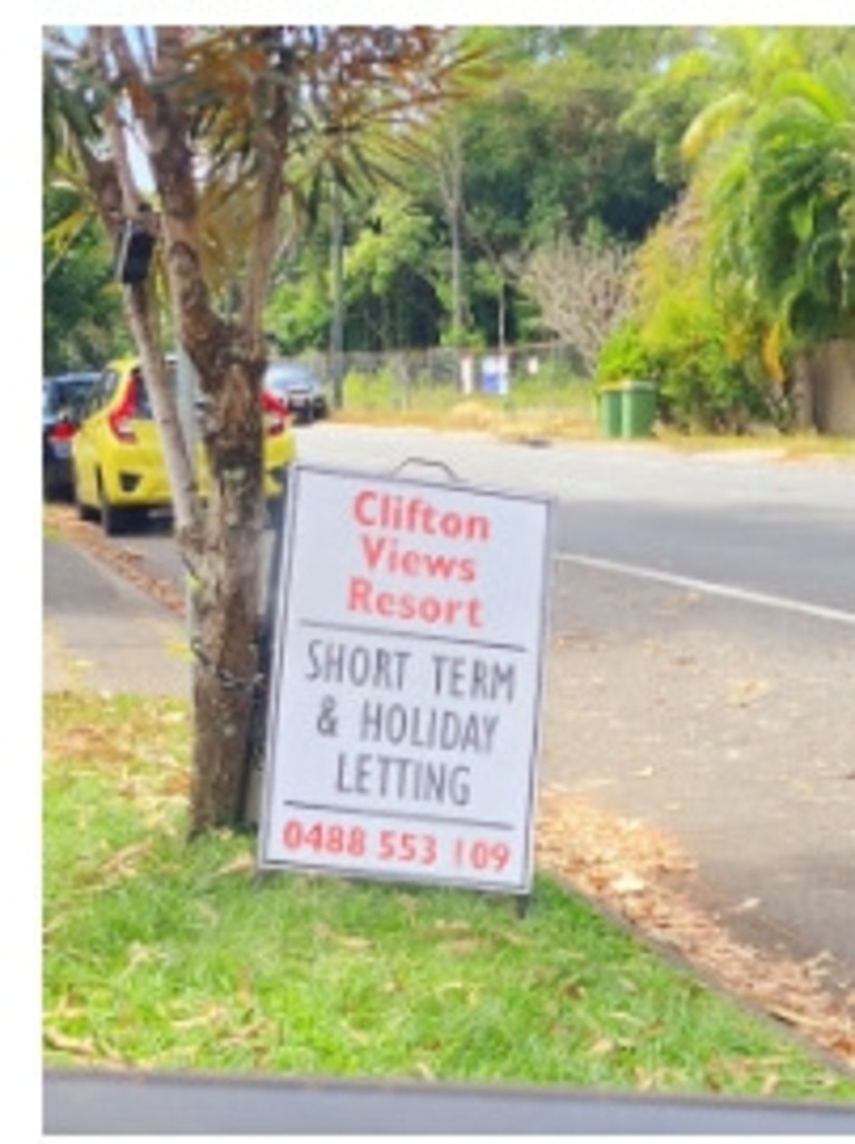 A sign that has since been taken down was advertising short term and holiday letting at the Clifton Views apartments. Picture: Supplied