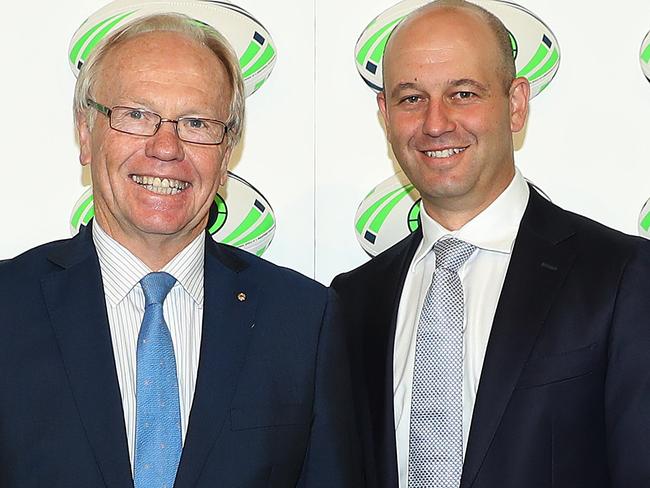 Peter Beattie and NRL CEO Todd Greenberg during the 2018 Fox League Launch at Walsh Bay, Sydney. Picture: Brett Costello