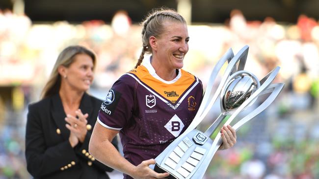 Ali Brigginshaw lifts the NRL Women's Premiership trophy last year. Picture: AAP