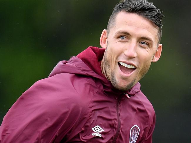 Scott Neville is seen during a Brisbane Roar training session at the BRFC City of Logan Training Facility in Brisbane, Tuesday, March 10, 2020. (AAP Image/Darren England) NO ARCHIVING