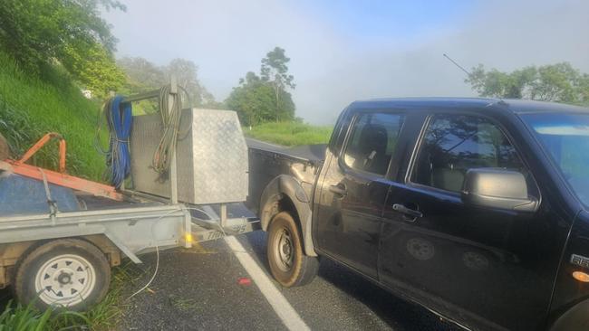 The jackknifed rig of Fencing contractor Jason Tomerini on the Gillies Range Rd near Ross and Locke on Friday, January 10.  Picture: Supplied