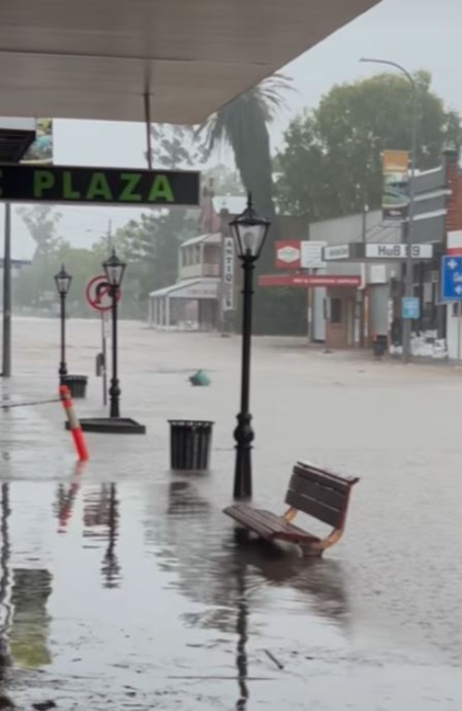 Flooding in the main street of Laidley as an emergency alert is issued to Lockyer Valley residents. Picture: Supplied