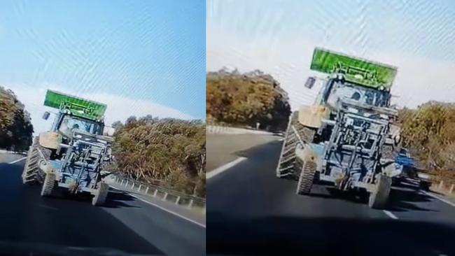 Dashcam footage has revealed the alleged stolen tractor travelling on the Goulburn Valley Highway on June 17. Picture: Julie Aimsley