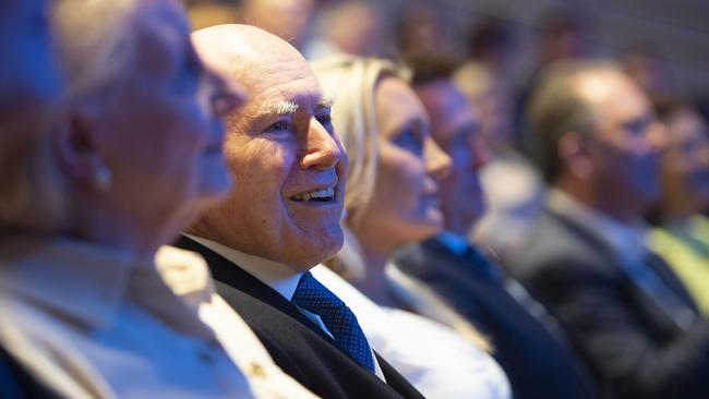 Former prime minister John Howard was among Liberal royalty who turned out to show their support for Dominic Perrottet’s election tilt. Picture: NewsWire/Monique Harmer