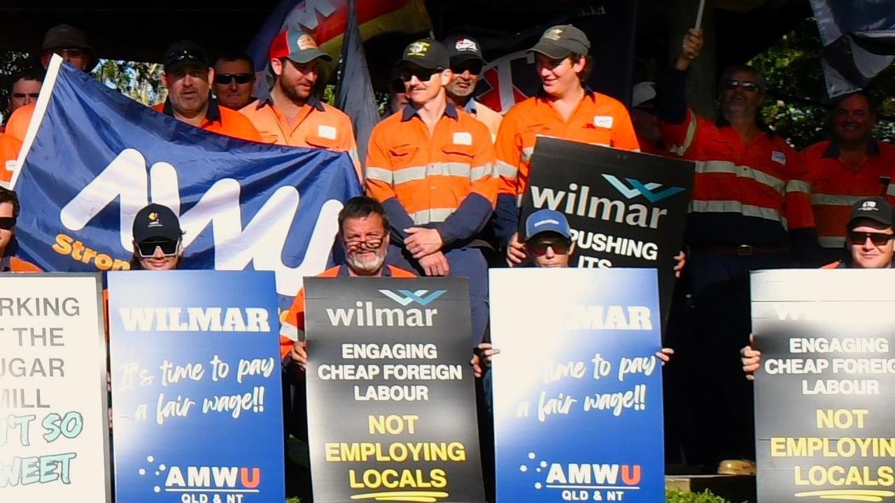 Unionised employees from Wilmar Sugar and Renewables’ Victoria and Macknade mills in Herbert River on strike in Ingham on Tuesday morning. Picture: Cameron Bates