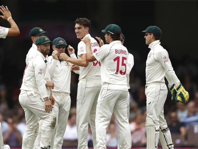 Pat Cummins celebrates bowling Ross Taylor with a gem of a delivery. Picture: Getty