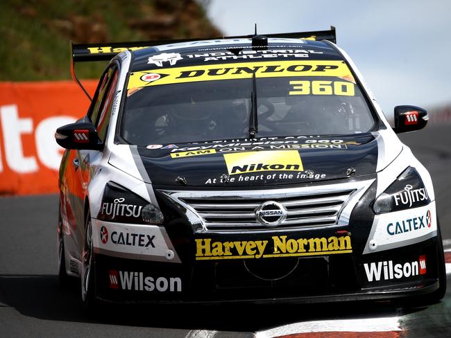 V8 SUPERCARS – BATHURST 1000 – Pictured is Renee Gracie in the Harvey Norman Supergirls Nissan charging down through the esses early in the Bathurst 1000 on Mount Panorama today. Picture: Tim Hunter.