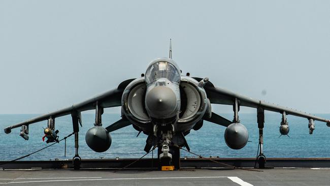 An AV-8B Harrier after landing on deck. Picture: Pema Tamang Pakhrin