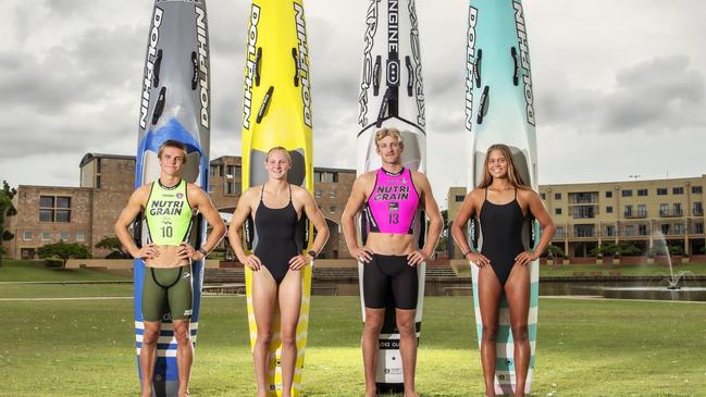 Bond University surf life saving competitors (from left) Joe Collins, Claudia Bailey, Will Savage and Bree McCowatt. Picture: Cavan Flynn.