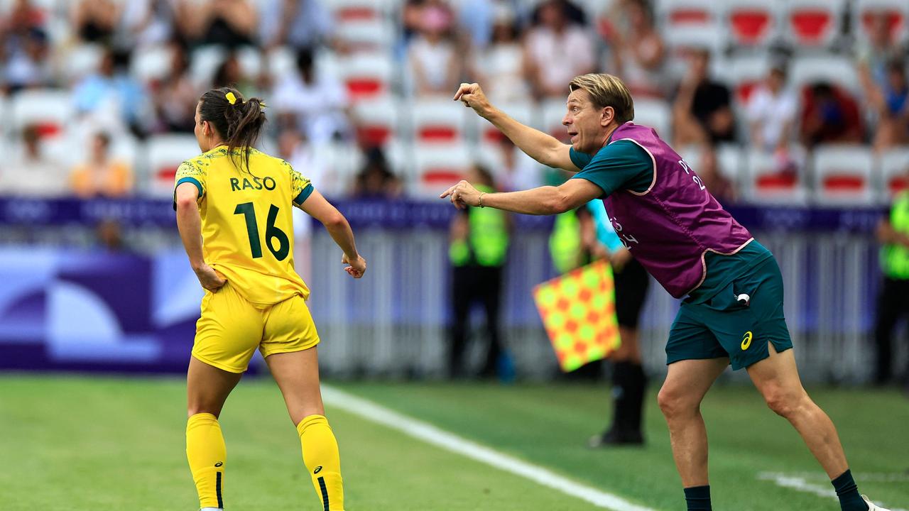 Tony Gustavsson giving instructions to Hayley Raso in match against Zambia. Picture: Valery Hache / AFP