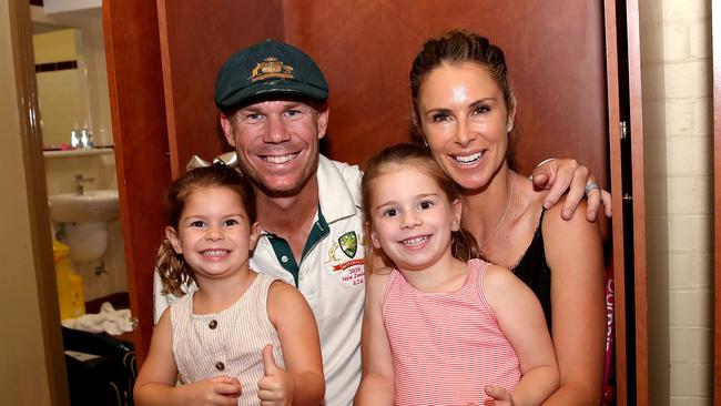 David Warner with wife Candice and children. Picture. Phil Hillyard