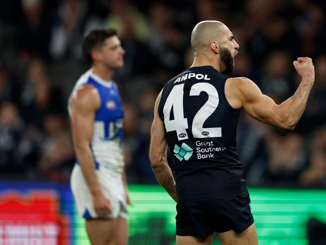 Adam Saad of the Blues celebrates a goal during the win over North Melbourne. Picture: Michael Willson/AFL Photos via Getty Images.