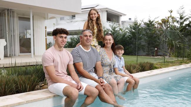 Pictured at their home for sale in Greenhills Beach near Cronulla, Paul and Cynthia Cavallaro with their kids Riccardo (19), and Ciera (10) and Lucas (11).