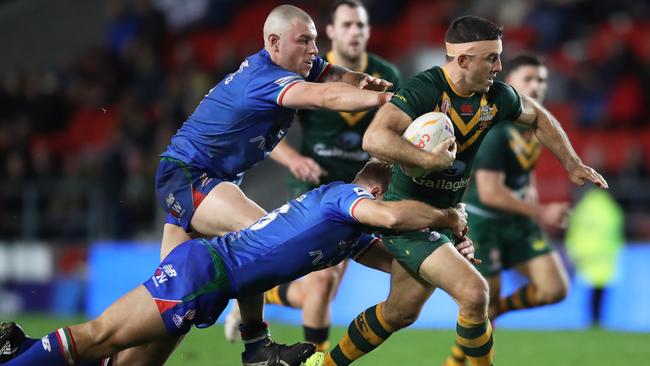 Picton signing Alec Susino (left) in action for Italy against Australia at last year’s Rugby League World Cup. (Photo by Jan Kruger/Getty Images for RLWC)