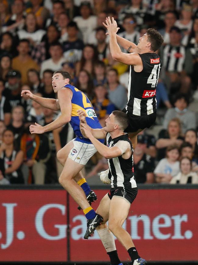 Brody Mihocek takes a spectacular mark against the Eagles. Picture: Michael Willson/AFL Photos