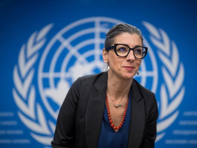 United Nations (UN) Special Rapporteur on the Rights Situation in the Palestinian Territories, Francesca Albanese looks on at a press conference during a session of the UN Human Rights Council, in Geneva, on March 27, 2024. Francesca Albanese who concluded Israel was committing acts of genocide in the Gaza Strip received broad support at the United Nations on March 26, 2024, with countries speaking up to back her and her report. (Photo by Fabrice COFFRINI / AFP)