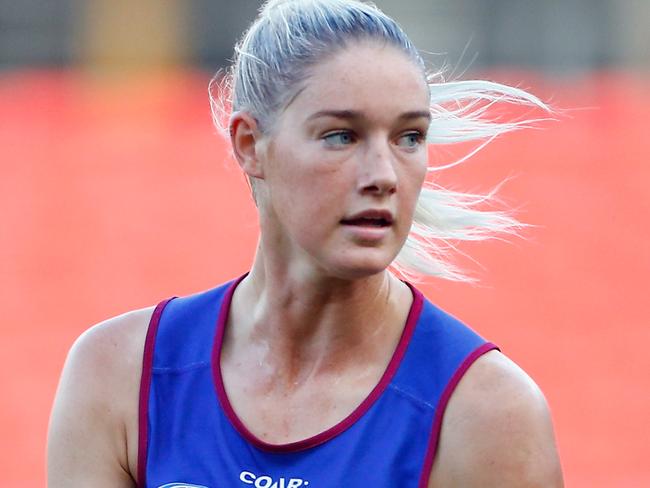 GOLD COAST  AUSTRALIA MARCH 24: Tayla Harris   in action  during the Brisbane Lions Women's AFL training session on March 24, 2017 in Gold Coast , Australia.  (Photo by Jason O'Brien/Getty Images)