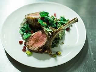 Flinders Island Saltgrass lamb rack with babaganoush, coriander and parsley tabouleh and pomegranate.