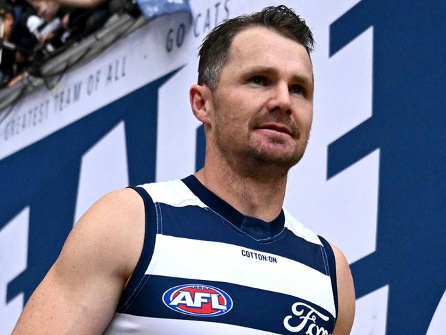 MELBOURNE, AUSTRALIA - SEPTEMBER 21: Patrick Dangerfield (c) of the Cats leads the team out during the AFL Preliminary Final match between Geelong Cats and Brisbane Lions at Melbourne Cricket Ground, on September 21, 2024, in Melbourne, Australia. (Photo by Quinn Rooney/Getty Images)