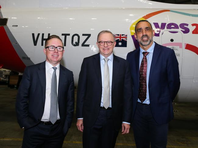 Former Qantas CEO Alan Joyce, Prime Minister Anthony Albanese and former footballer Adam Goodes at the launch of the Qantas 'Yes' Campaign in Sydney. Picture: Gaye Gerard