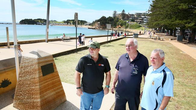 Terrigal Wamberal RSL Sub Branch member Mark Wilson, secretary David Ferry and president Peter White at the memorial before the planter boxes were introduced. Picture: Peter Clark