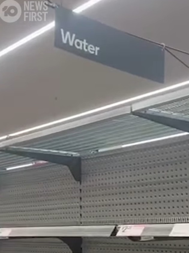 Bottled water was pulled from the aisles of one supermarket in Ashgrove amid reported instances of panic buying ahead of Tropical Cyclone Alfred crossing the coast. Picture: Channel 10